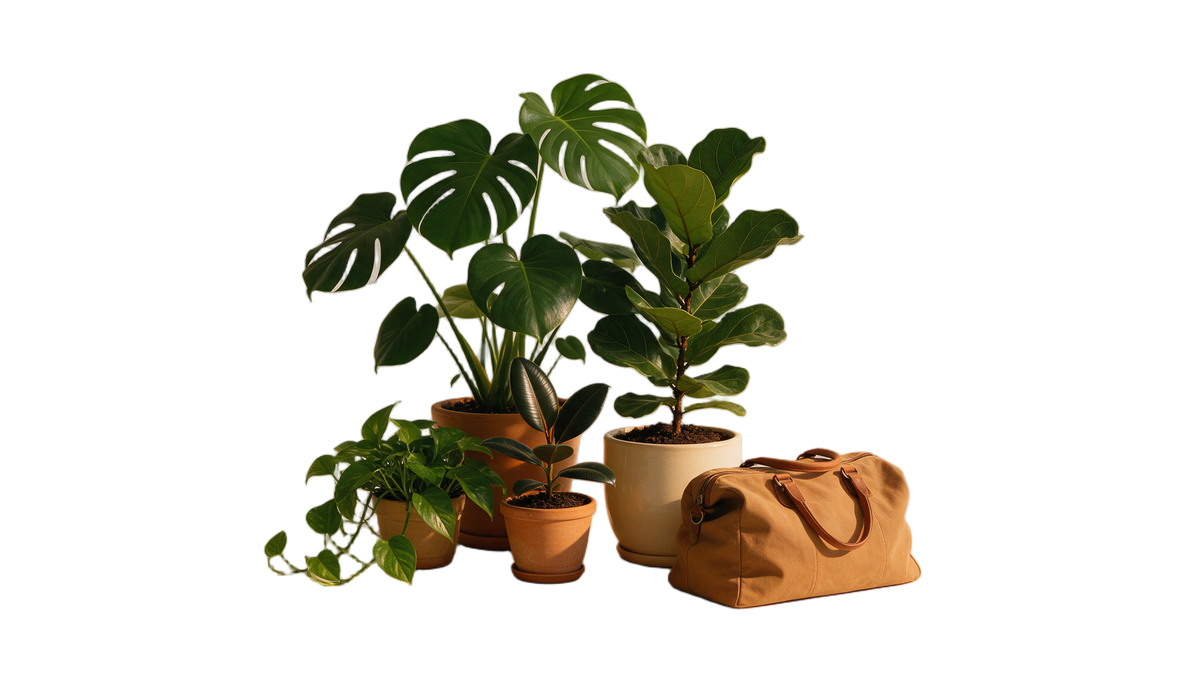 Plantas de interior en macetas con una bolsa de fin de semana y hojas de otoño